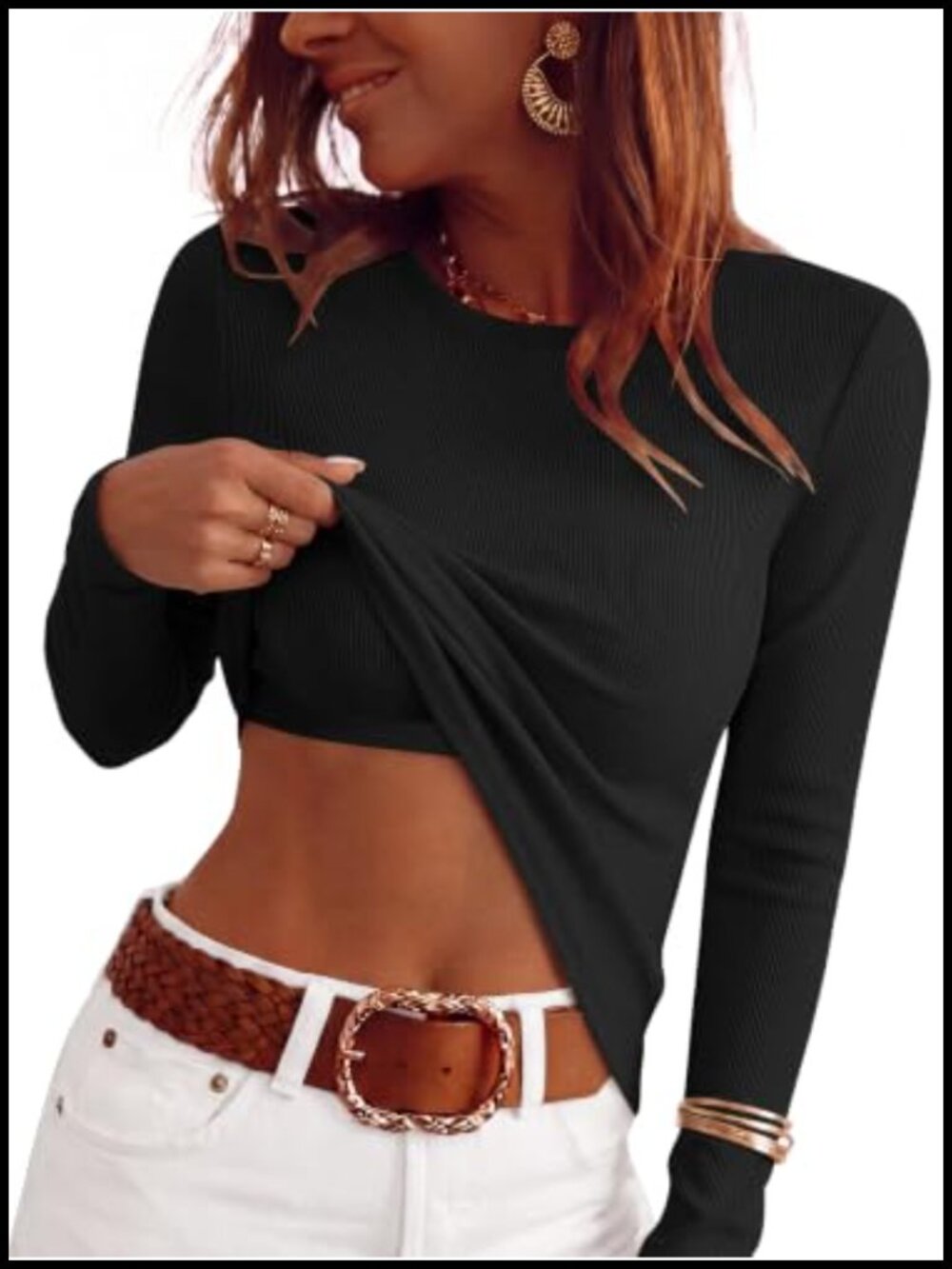 Ribbed Knit Slim Fit Long Sleeve Crew Neck Top Built In Bra
